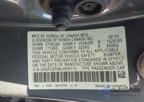 2020 Honda Civic Sport z USA, uszkodzony, nr VIN 2HGFC2F84LH589713